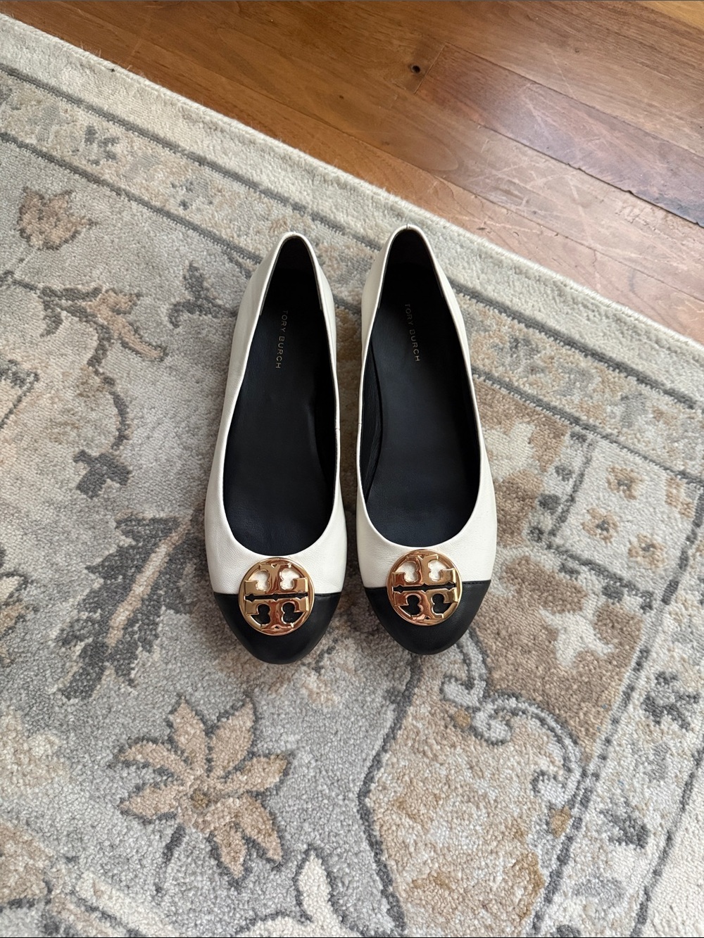 Tory Burch Ivory and Black Logo Cap-Toe Ballet Flats